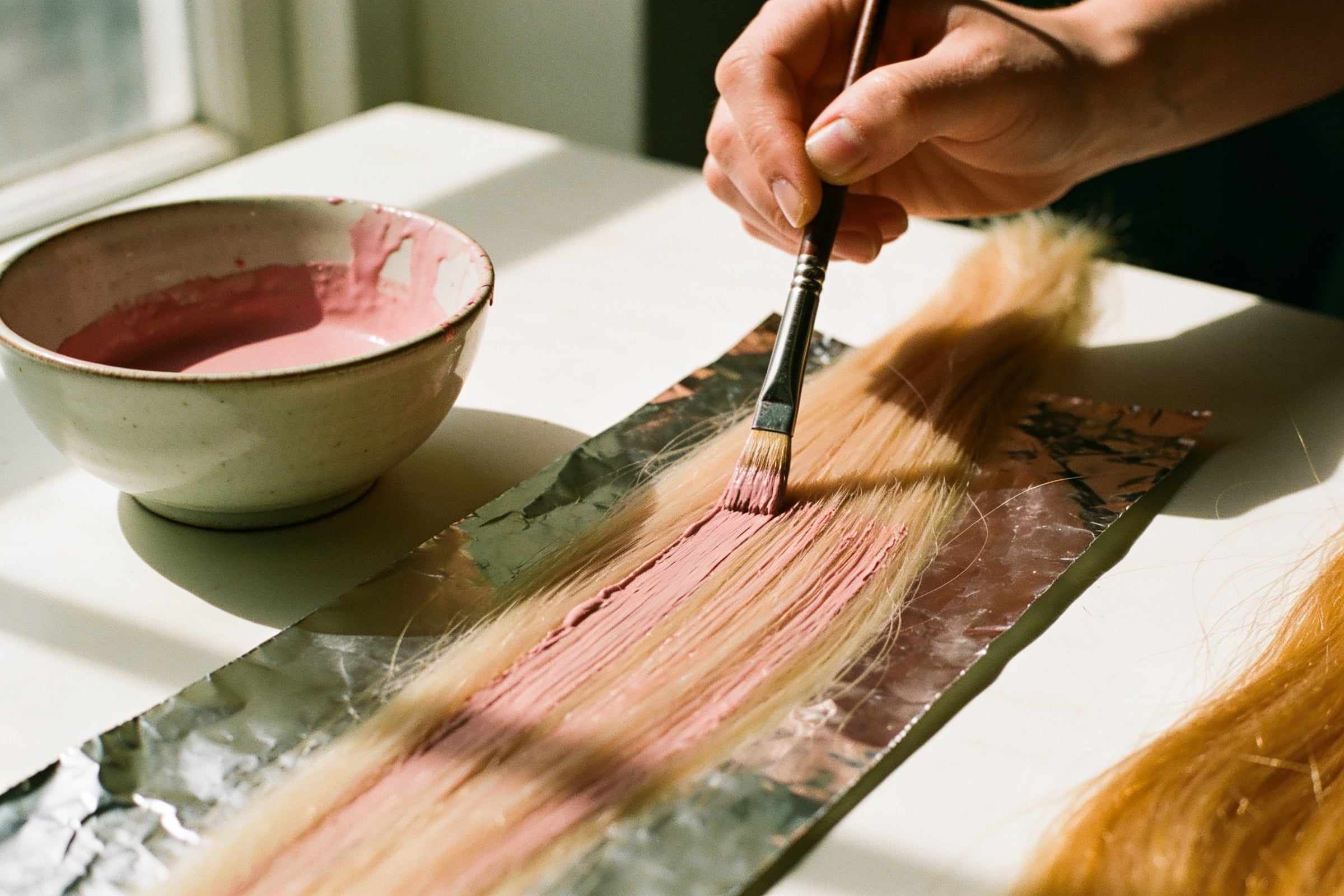 A fine brush painting a soft rose-blonde tone onto a strand of hair on foil.