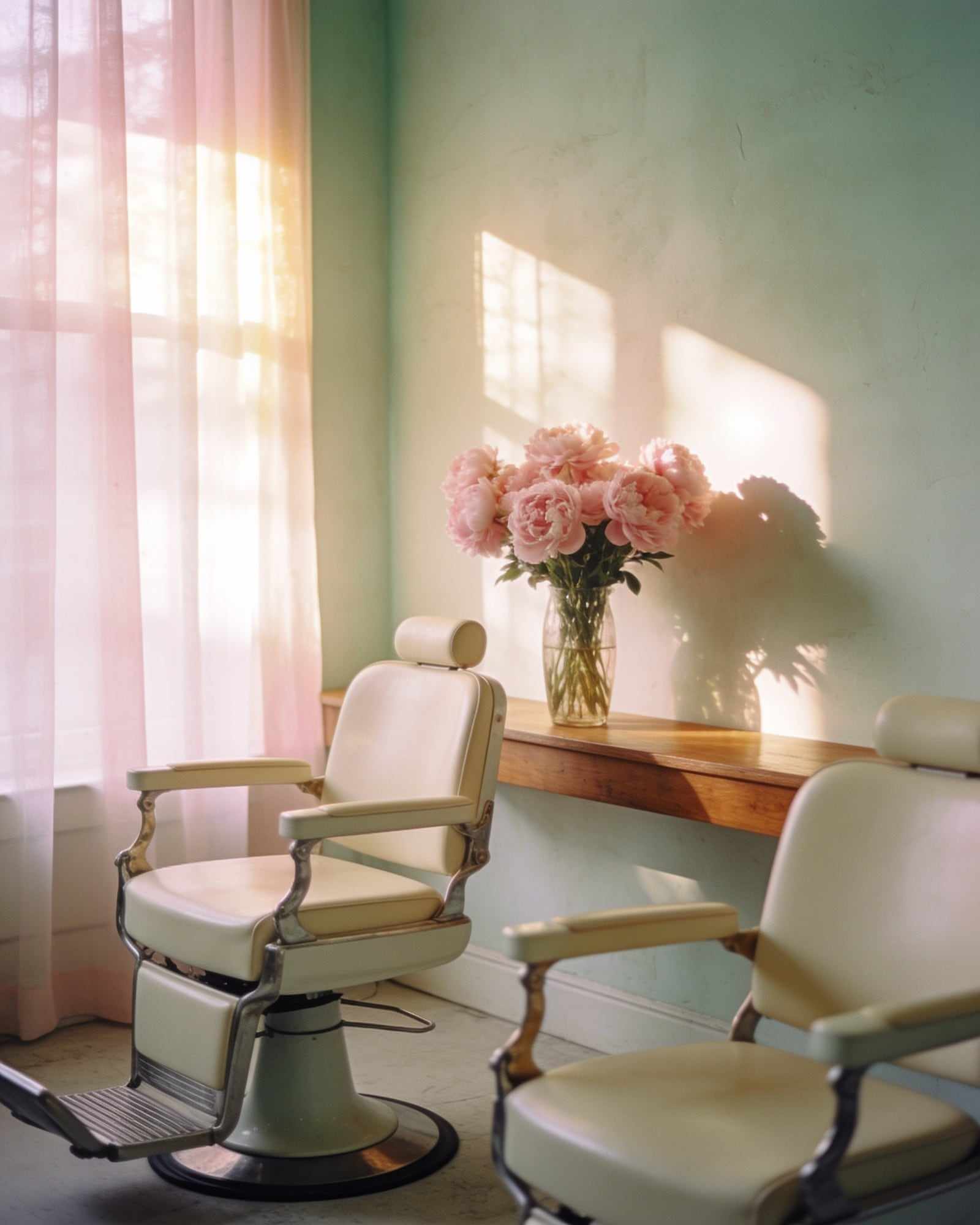 Two cream styling chairs and a vase of blush peonies in a sunlit studio.
