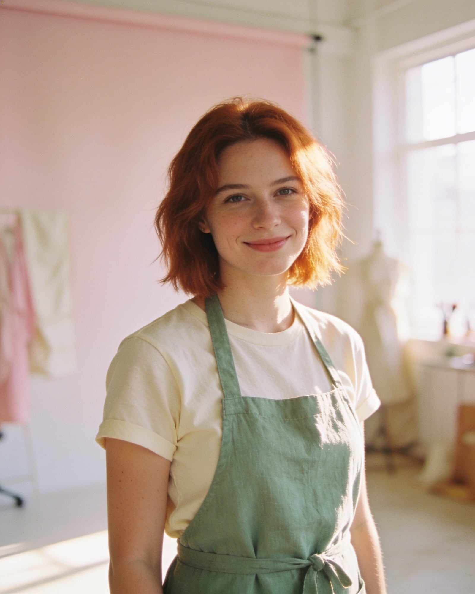 Ellie, with a soft auburn bob, a cream t-shirt and a sage apron, smiling in the studio.