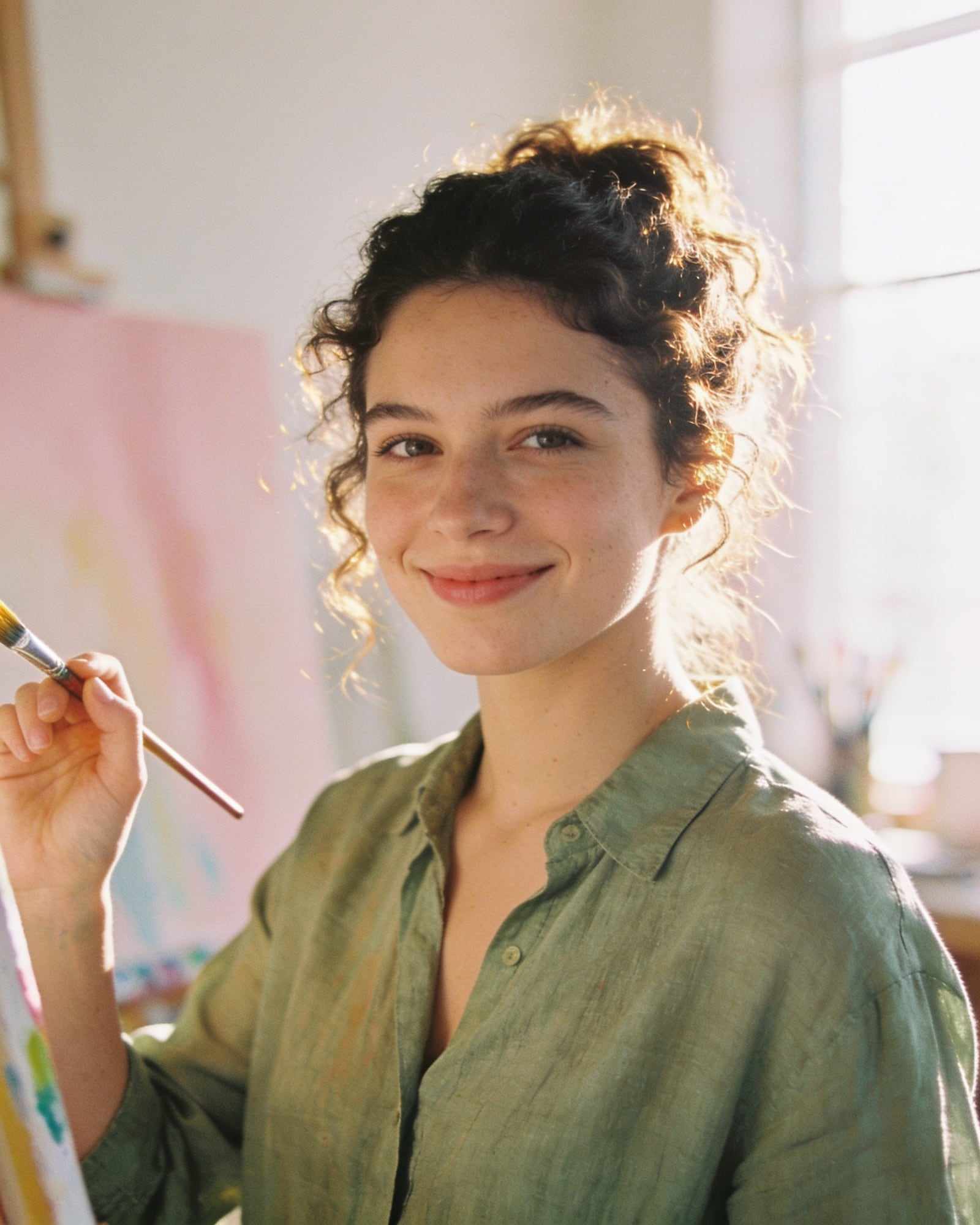 Maya, with dark curls tied up and a sage linen shirt, holding a color brush.