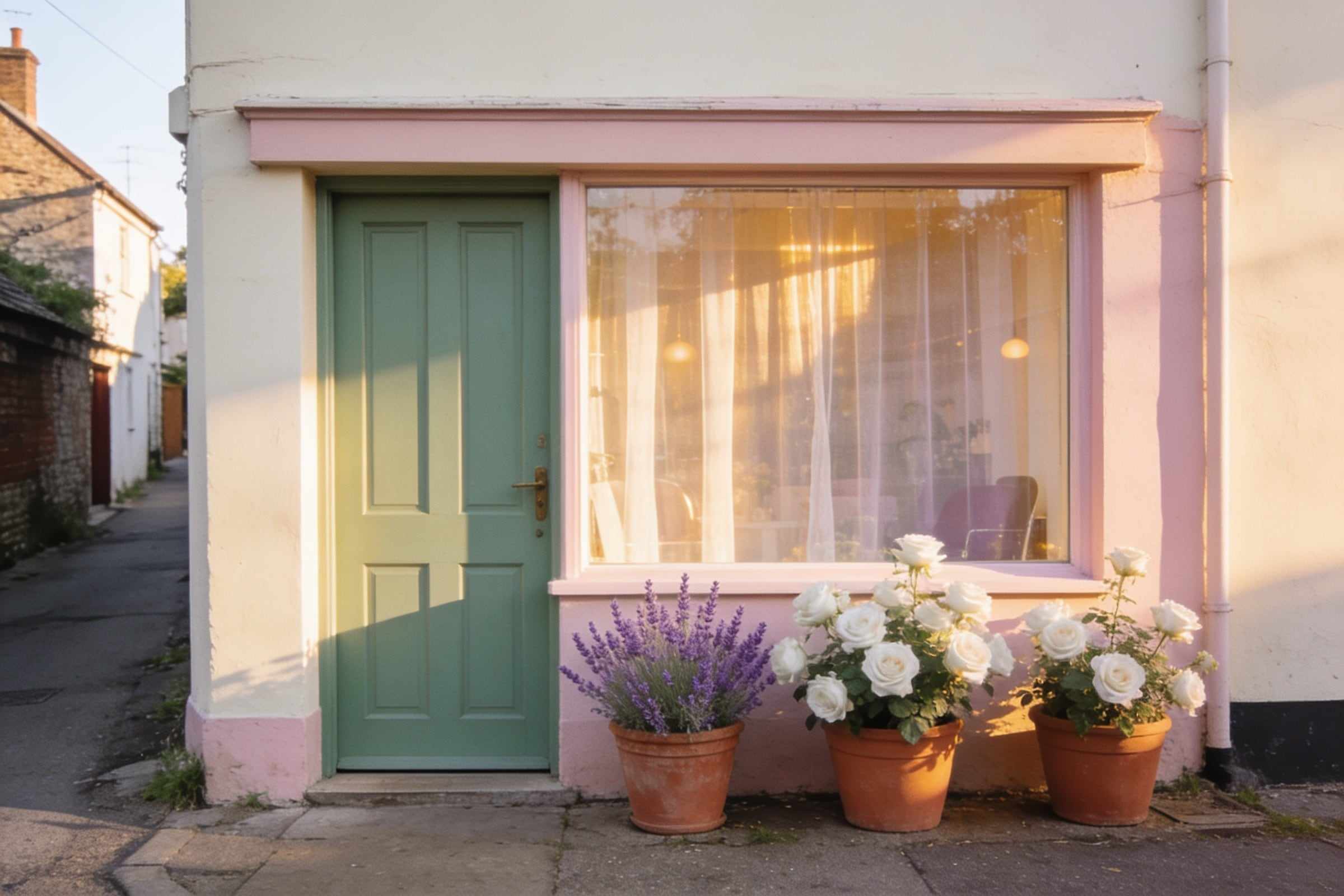 The studio’s sage green door and sunny window with sheer curtains, pots of white roses and lavender by the step.